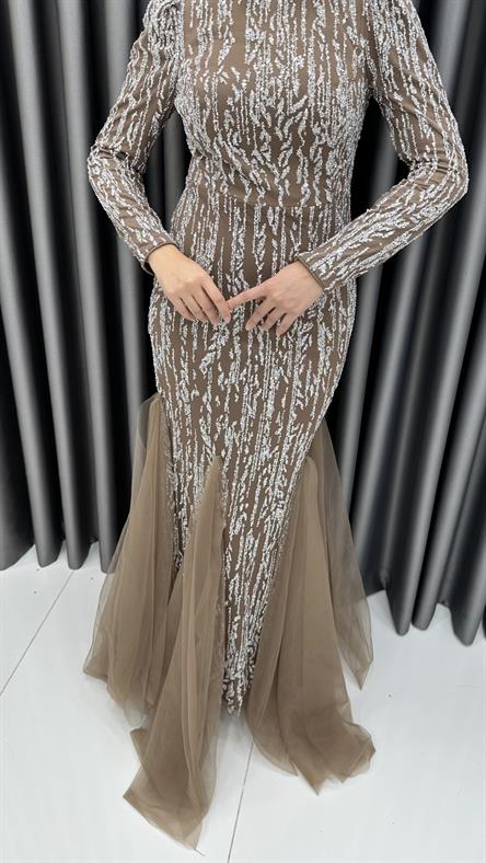4885 H - BERFU Balık Kesim Boncuklu Tül Abiye Elbise-Mocha