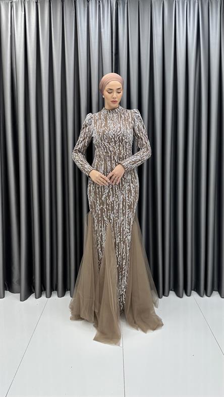 4885 H - BERFU Balık Kesim Boncuklu Tül Abiye Elbise-Mocha