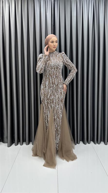 4885 H - BERFU Balık Kesim Boncuklu Tül Abiye Elbise-Mocha