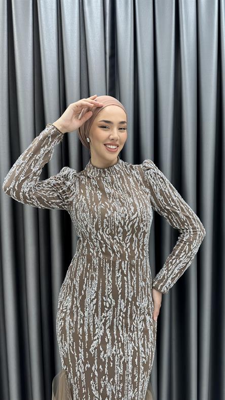 4885 H - BERFU Balık Kesim Boncuklu Tül Abiye Elbise-Mocha