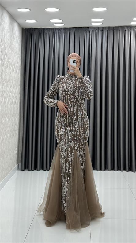 4885 H - BERFU Balık Kesim Boncuklu Tül Abiye Elbise-Mocha