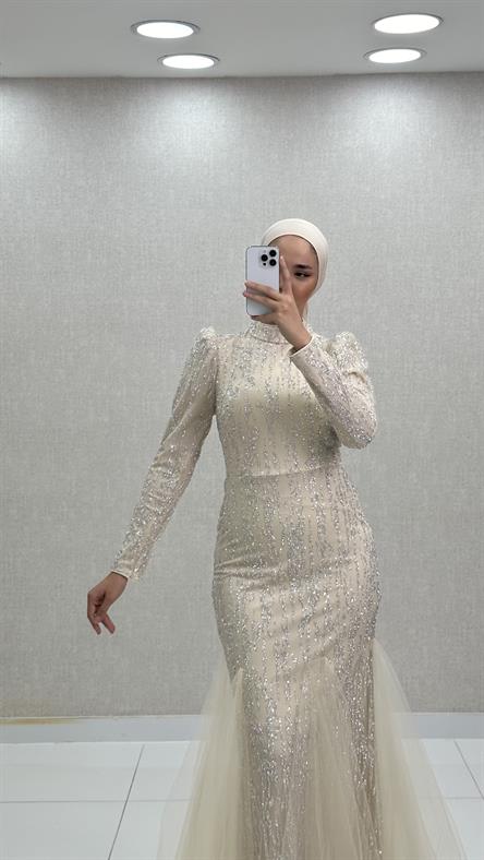 4885 H - BERFU Balık Kesim Boncuklu Tül Abiye Elbise-Taş