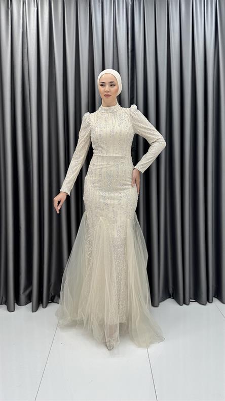 4885 H - BERFU Balık Kesim Boncuklu Tül Abiye Elbise-Taş