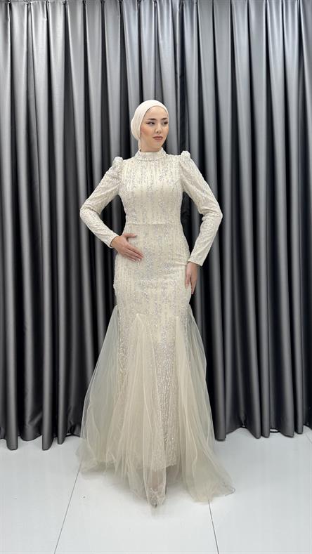 4885 H - BERFU Balık Kesim Boncuklu Tül Abiye Elbise-Taş