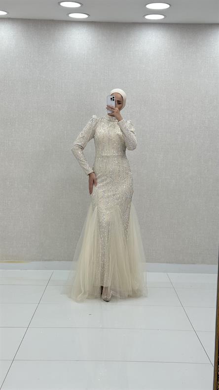 4885 H - BERFU Balık Kesim Boncuklu Tül Abiye Elbise-Taş
