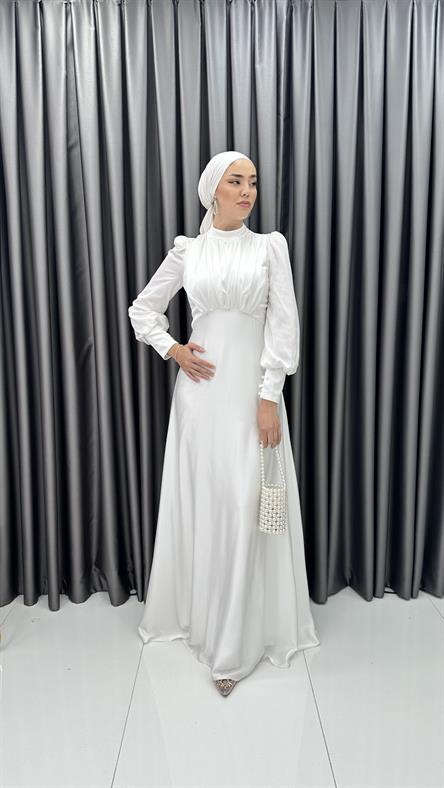 4889 H - DESEN Göğüs Drapeli ve Karpuz Kollu Saten Abiye Elbise-Beyaz