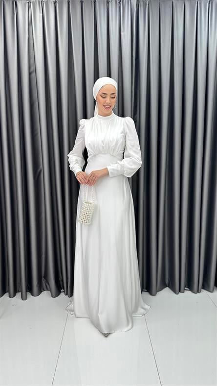 4889 H - DESEN Göğüs Drapeli ve Karpuz Kollu Saten Abiye Elbise-Beyaz