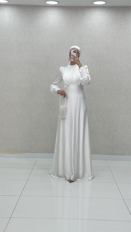 4889 H - DESEN Göğüs Drapeli ve Karpuz Kollu Saten Abiye Elbise-Beyaz