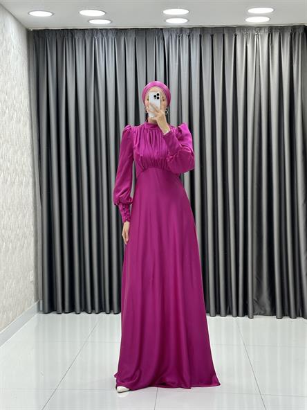 4889 H - DESEN Göğüs Drapeli ve Karpuz Kollu Saten Abiye Elbise-Fuşya