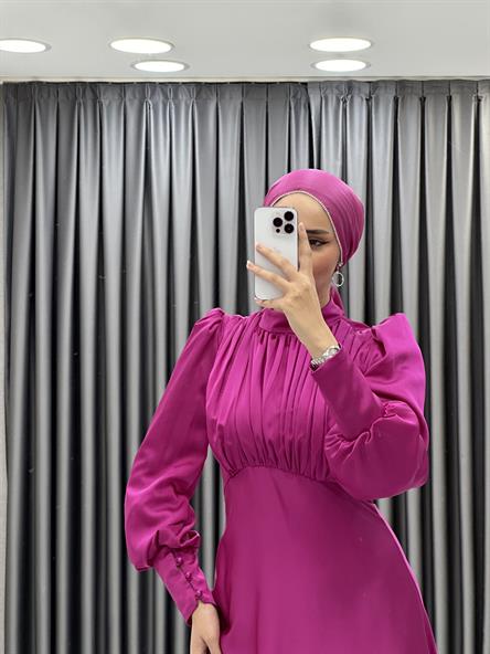 4889 H - DESEN Göğüs Drapeli ve Karpuz Kollu Saten Abiye Elbise-Fuşya