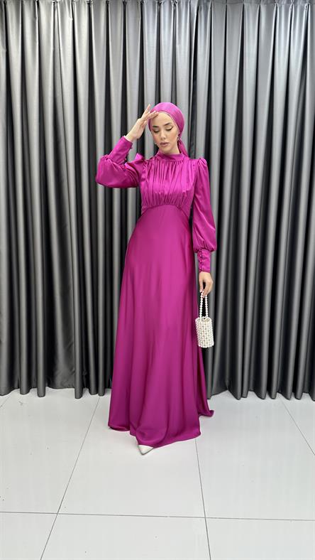 4889 H - DESEN Göğüs Drapeli ve Karpuz Kollu Saten Abiye Elbise-Fuşya