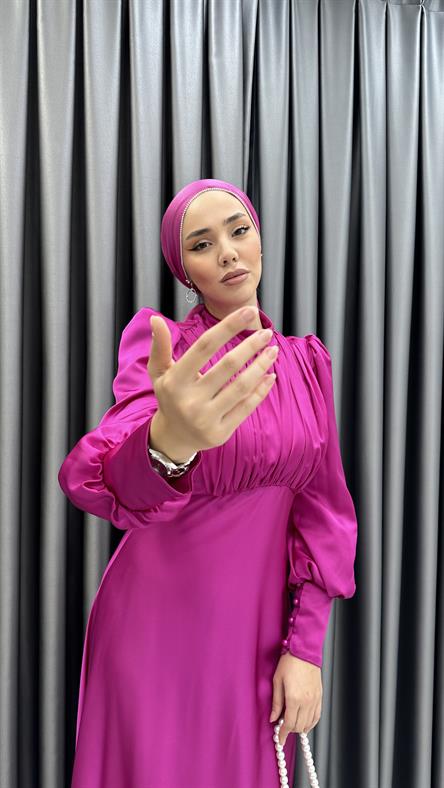 4889 H - DESEN Göğüs Drapeli ve Karpuz Kollu Saten Abiye Elbise-Fuşya