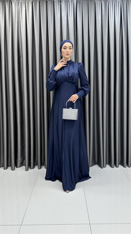 4889 H - DESEN Göğüs Drapeli ve Karpuz Kollu Saten Abiye Elbise-Lacivert