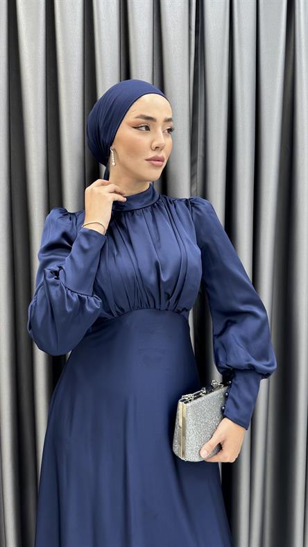 4889 H - DESEN Göğüs Drapeli ve Karpuz Kollu Saten Abiye Elbise-Lacivert