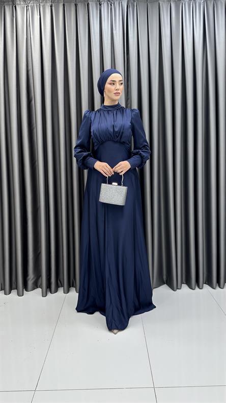 4889 H - DESEN Göğüs Drapeli ve Karpuz Kollu Saten Abiye Elbise-Lacivert