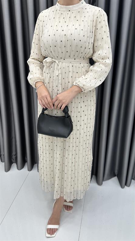 4890 S - Belden Bağlama Detaylı Puantiyeli Piliseli Şifon Bayan Elbise-Taş