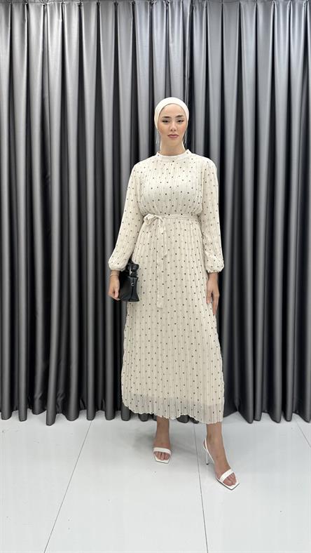 4890 S - Belden Bağlama Detaylı Puantiyeli Piliseli Şifon Bayan Elbise-Taş