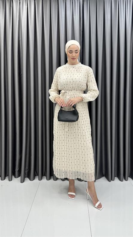 4890 S - Belden Bağlama Detaylı Puantiyeli Piliseli Şifon Bayan Elbise-Taş