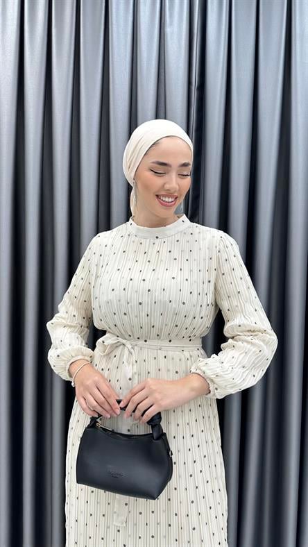 4890 S - Belden Bağlama Detaylı Puantiyeli Piliseli Şifon Bayan Elbise-Taş