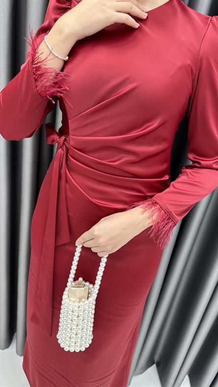 4897 S Saten Elbise-Bordo