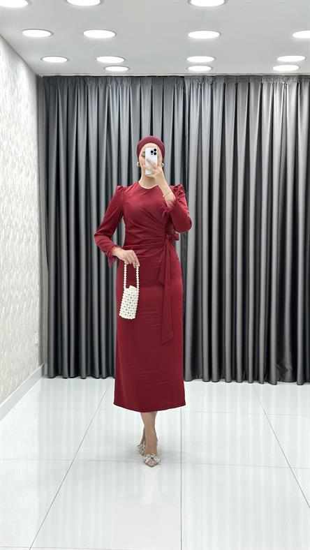 4897 S Saten Elbise-Bordo