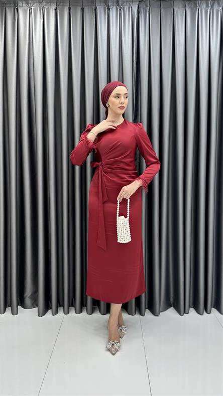 4897 S Saten Elbise-Bordo