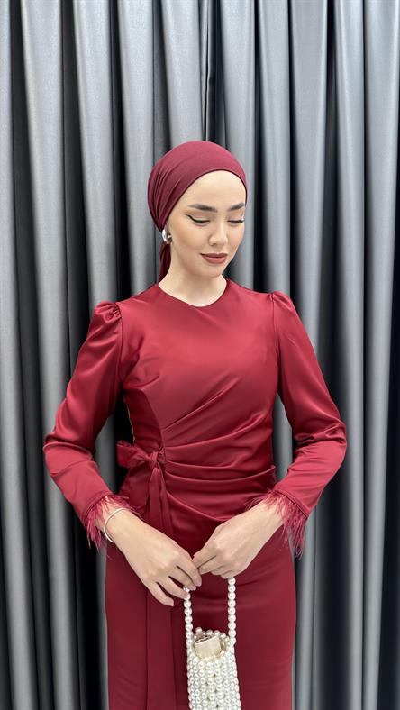 4897 S Saten Elbise-Bordo