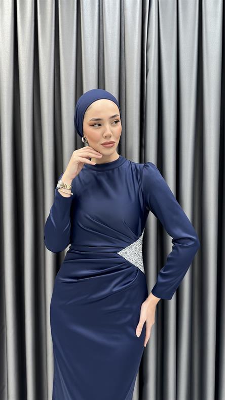 4898 S - Bel Drapeli ve Taş Detaylı Saten Abiye Elbise-Lacivert