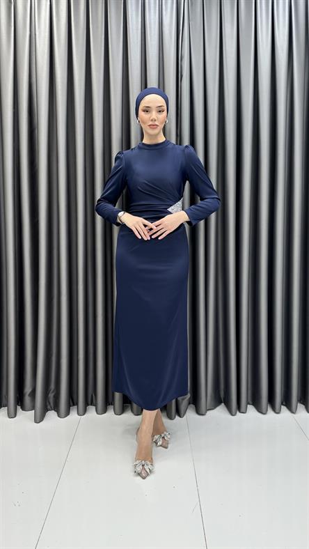 4898 S - Bel Drapeli ve Taş Detaylı Saten Abiye Elbise-Lacivert