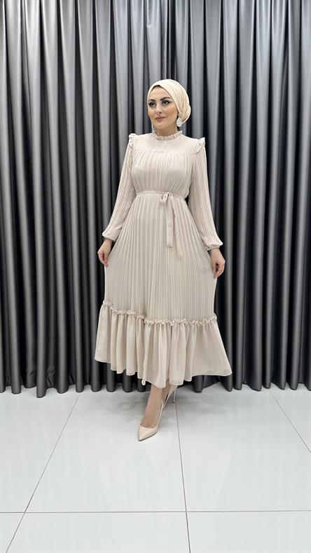 4910 S - Etek Ucu Volan Detaylı Piliseli Şifon Bayan Elbise-Bej