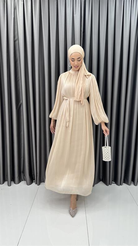 4921 S - Belden Bağlama Detaylı Rahat Kesim Jan Jan Abiye Elbise-Bej
