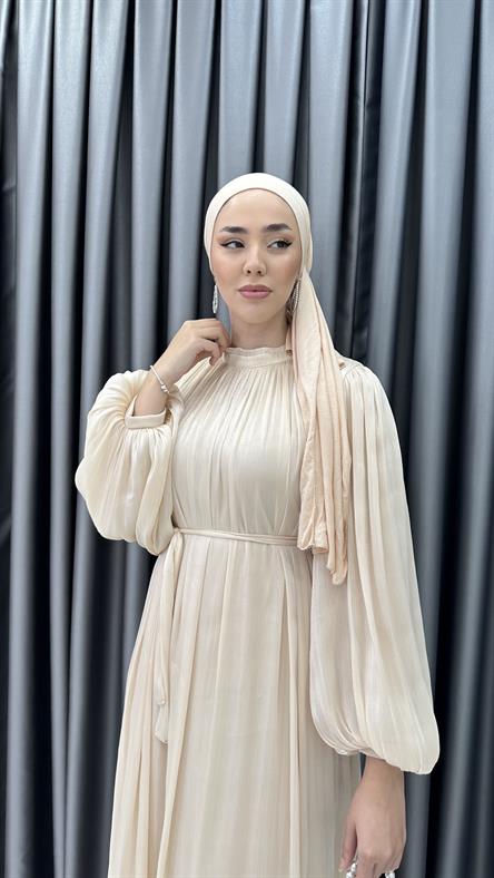 4921 S - Belden Bağlama Detaylı Rahat Kesim Jan Jan Abiye Elbise-Bej