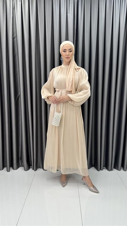 4921 S - Belden Bağlama Detaylı Rahat Kesim Jan Jan Abiye Elbise-Bej