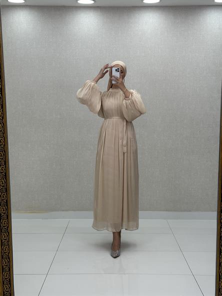 4921 S - Belden Bağlama Detaylı Rahat Kesim Jan Jan Abiye Elbise-Bej