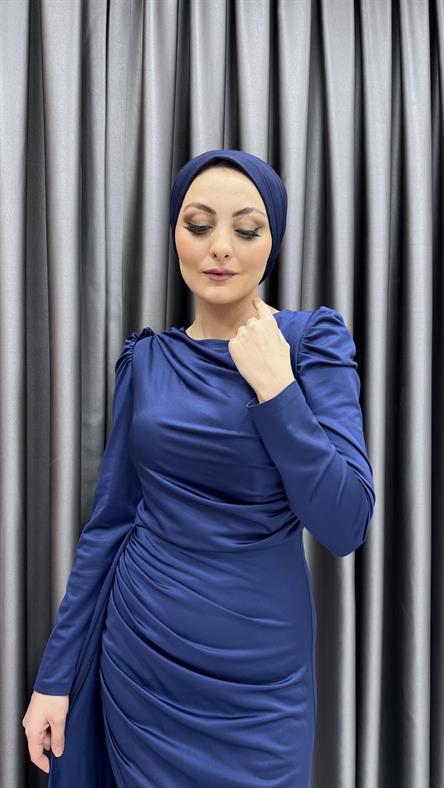 4940 F - Karpuz Kollu ve Ek Parça Etek Detaylı Drapeli Sandy Kumaş Abiye Elbise-Lacivert