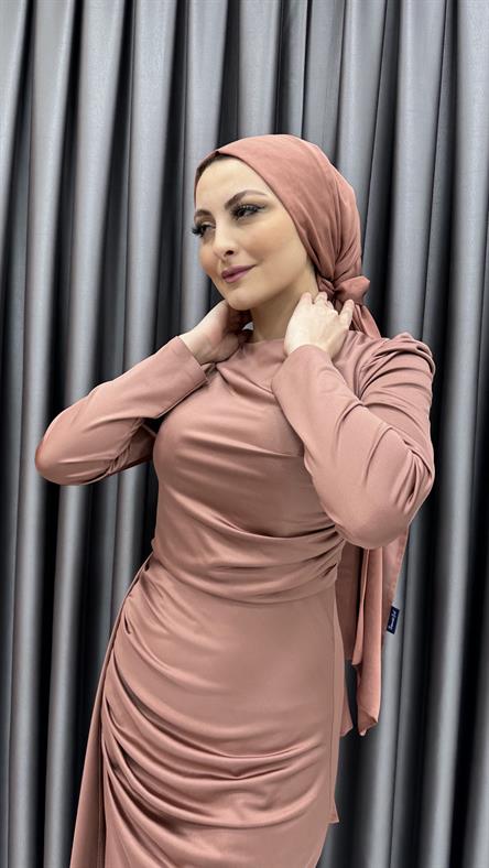 4940 F - Karpuz Kollu ve Ek Parça Etek Detaylı Drapeli Sandy Kumaş Abiye Elbise-Soğan Kabuğu