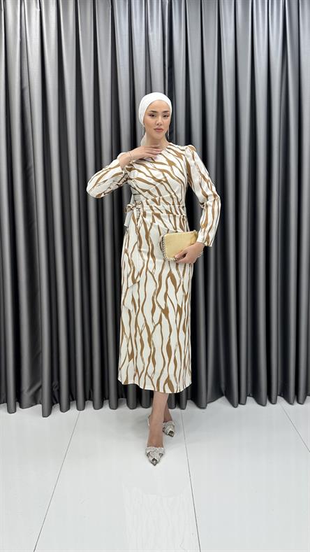 4959 S - Belden Bağlama Detaylı Dar Kesim Saten Abiye Elbise-Taba