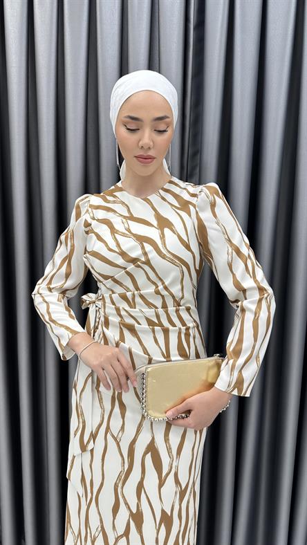 4959 S - Belden Bağlama Detaylı Dar Kesim Saten Abiye Elbise-Taba