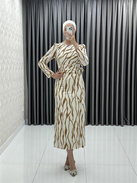 4959 S - Belden Bağlama Detaylı Dar Kesim Saten Abiye Elbise-Taba