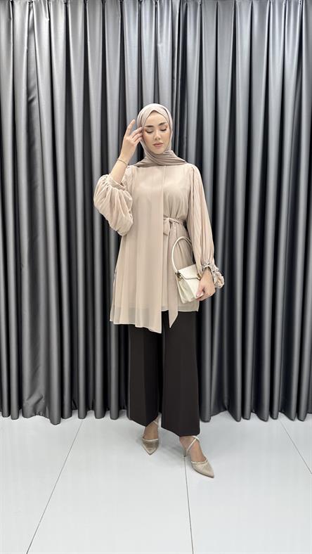 50257 F - Belden Bağlama ve Pelerin Detaylı Balon Kollu Şifon Bayan Tunik-Bej