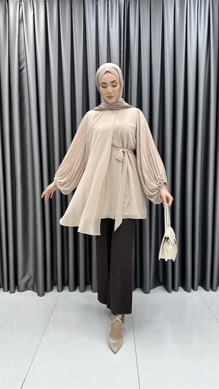 50257 F - Belden Bağlama ve Pelerin Detaylı Balon Kollu Şifon Bayan Tunik-Bej