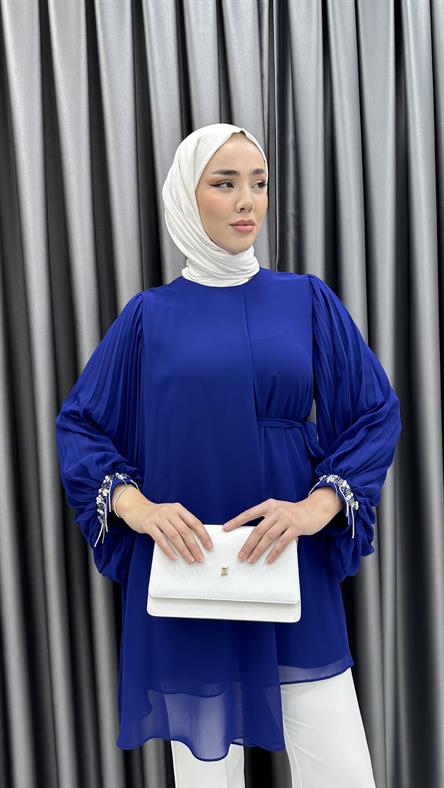 50257 F - Belden Bağlama ve Pelerin Detaylı Balon Kollu Şifon Bayan Tunik-Saks Mavi
