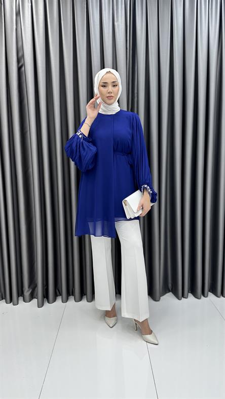 50257 F - Belden Bağlama ve Pelerin Detaylı Balon Kollu Şifon Bayan Tunik-Saks Mavi