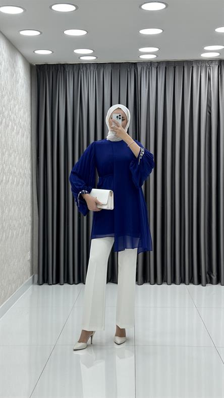 50257 F - Belden Bağlama ve Pelerin Detaylı Balon Kollu Şifon Bayan Tunik-Saks Mavi