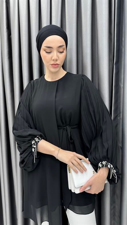 50257 F - Belden Bağlama ve Pelerin Detaylı Balon Kollu Şifon Bayan Tunik-Siyah