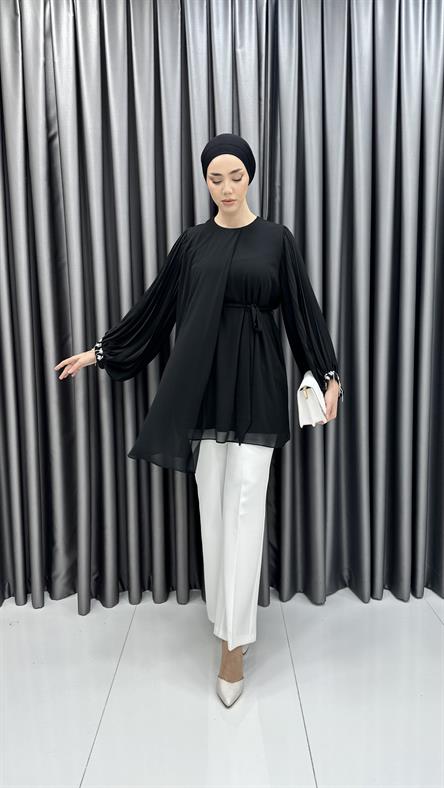 50257 F - Belden Bağlama ve Pelerin Detaylı Balon Kollu Şifon Bayan Tunik-Siyah