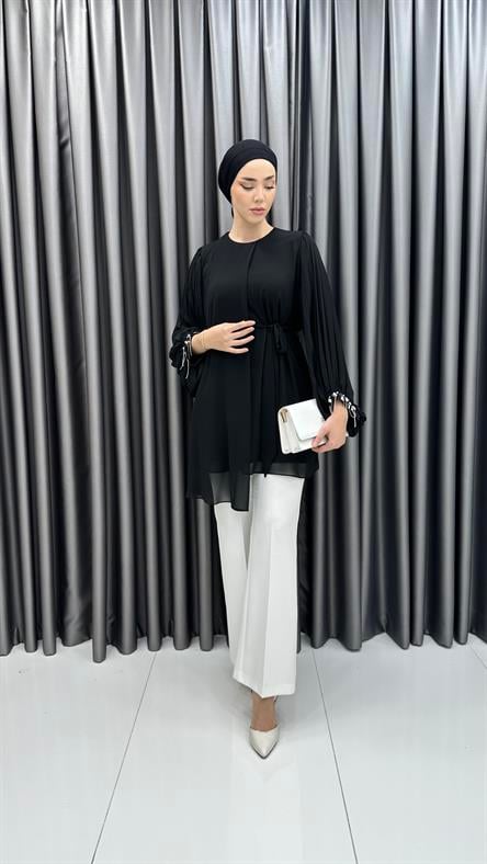 50257 F - Belden Bağlama ve Pelerin Detaylı Balon Kollu Şifon Bayan Tunik-Siyah