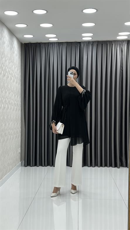 50257 F - Belden Bağlama ve Pelerin Detaylı Balon Kollu Şifon Bayan Tunik-Siyah