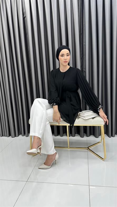 50257 F - Belden Bağlama ve Pelerin Detaylı Balon Kollu Şifon Bayan Tunik-Siyah