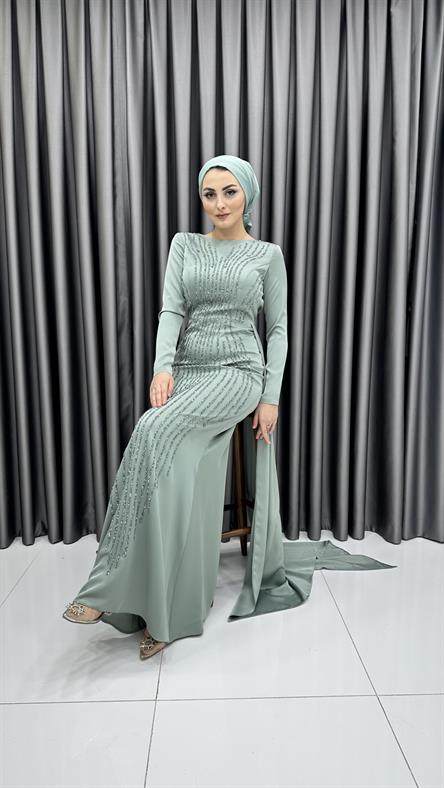 5060 F - Şeritli Boncuk İşlemeli ve Ek Parça Etek Detaylı Saten Abiye Elbise-Mint